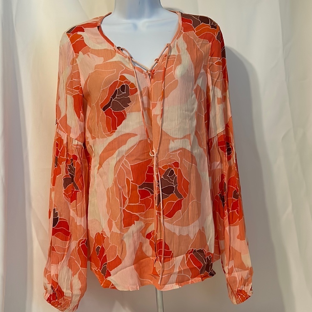 Billabong Women’s Medium Pink Orange Long Sleeve Floral Blouse Lightweight Top
